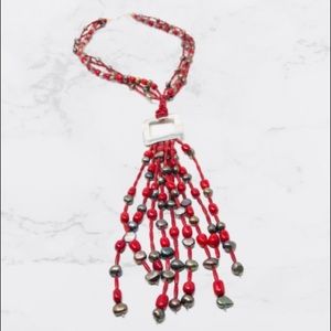red coral, black pearls, sterling silver necklace